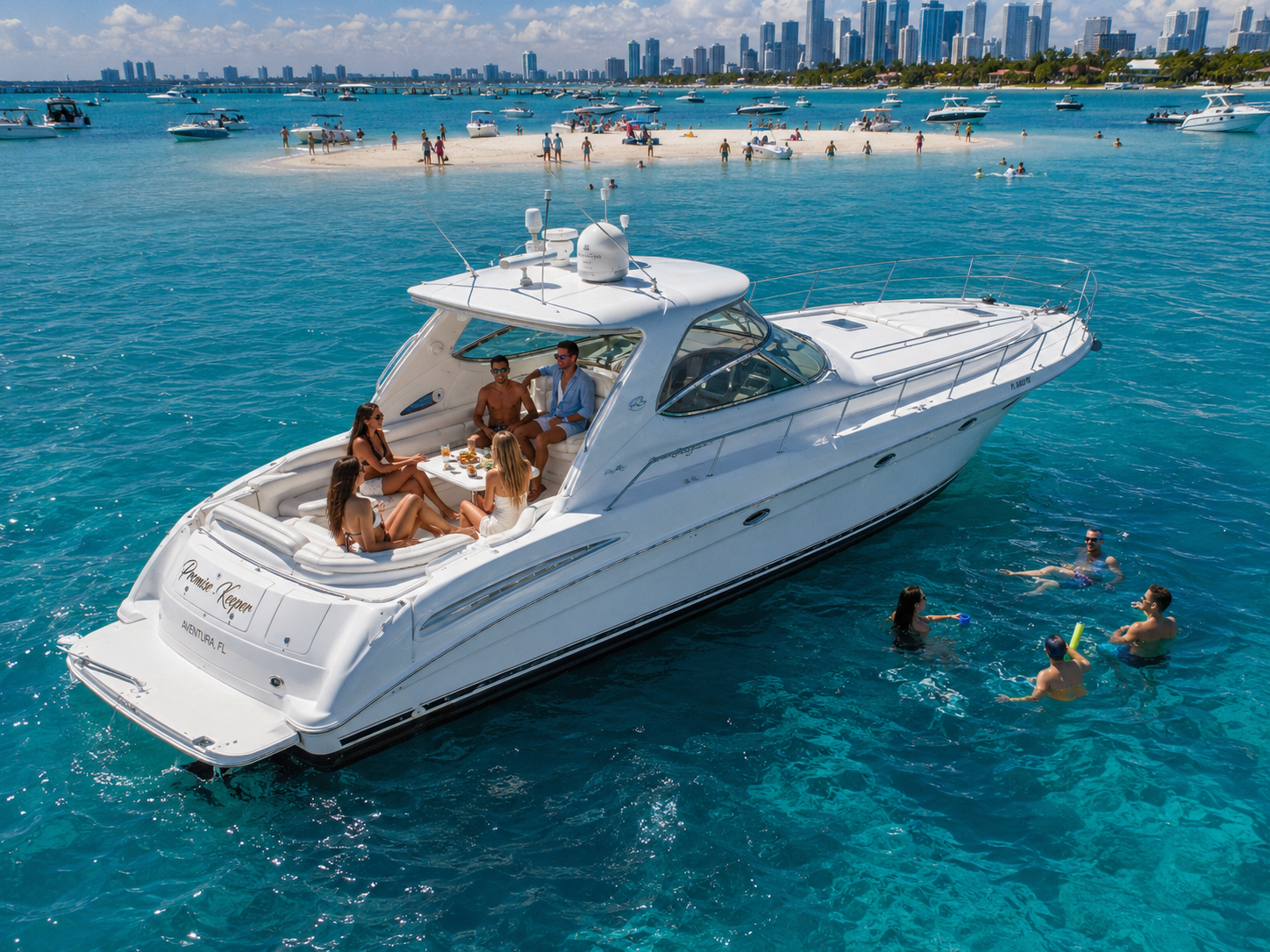 Miami Sandbar Yacht Rental aboard Promise Keeper Promise Keeper Miami sandbar yacht charter with clear water