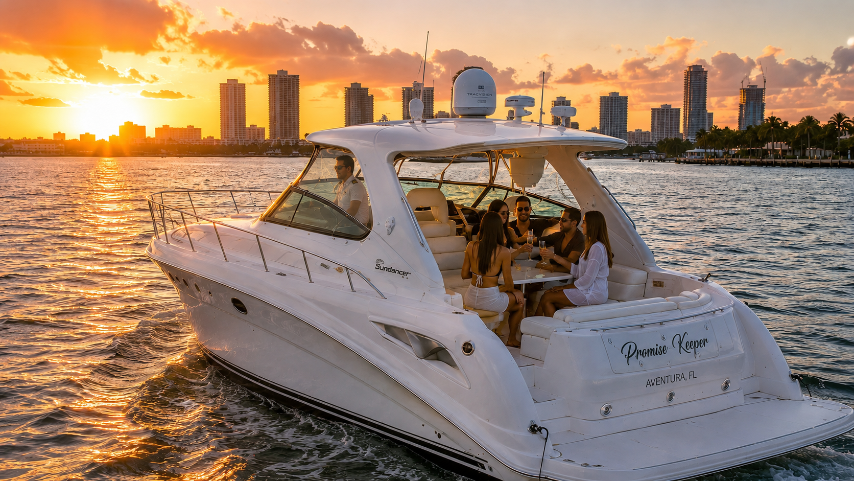 Sunset Cruise Miami aboard Promise Keeper Promise Keeper sunset cruise in Miami with skyline views